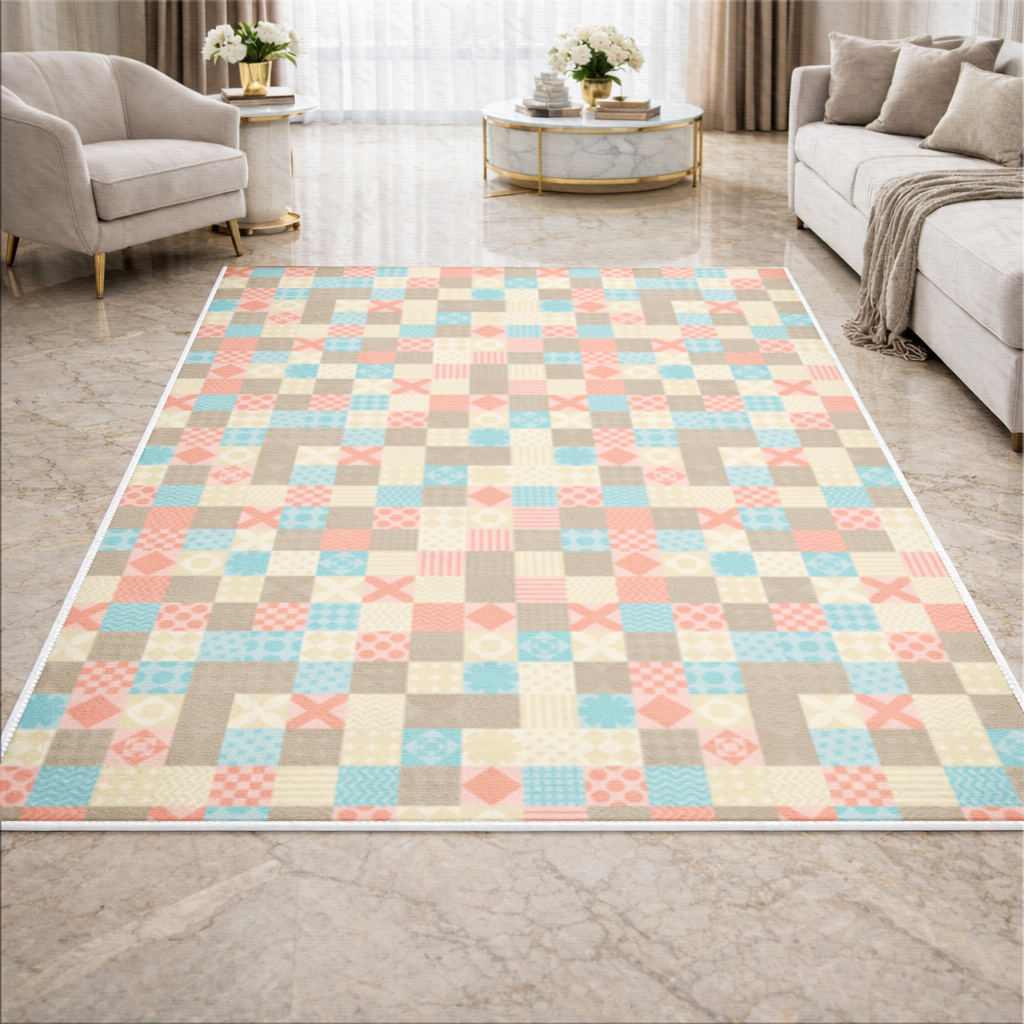 Renkli Modern Geometrik Kare Desen Salon Halısı