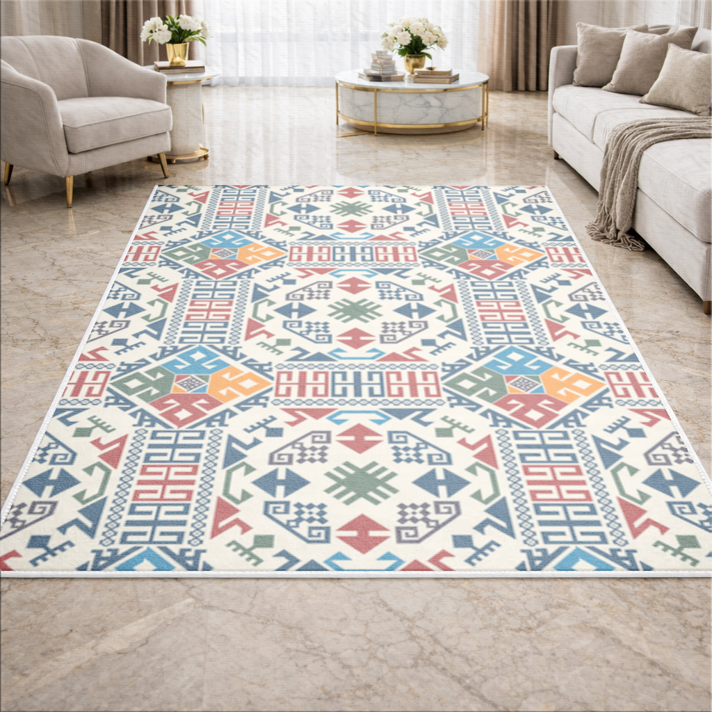 Çok Renkli Etnik Geometrik Motif Salon Halısı