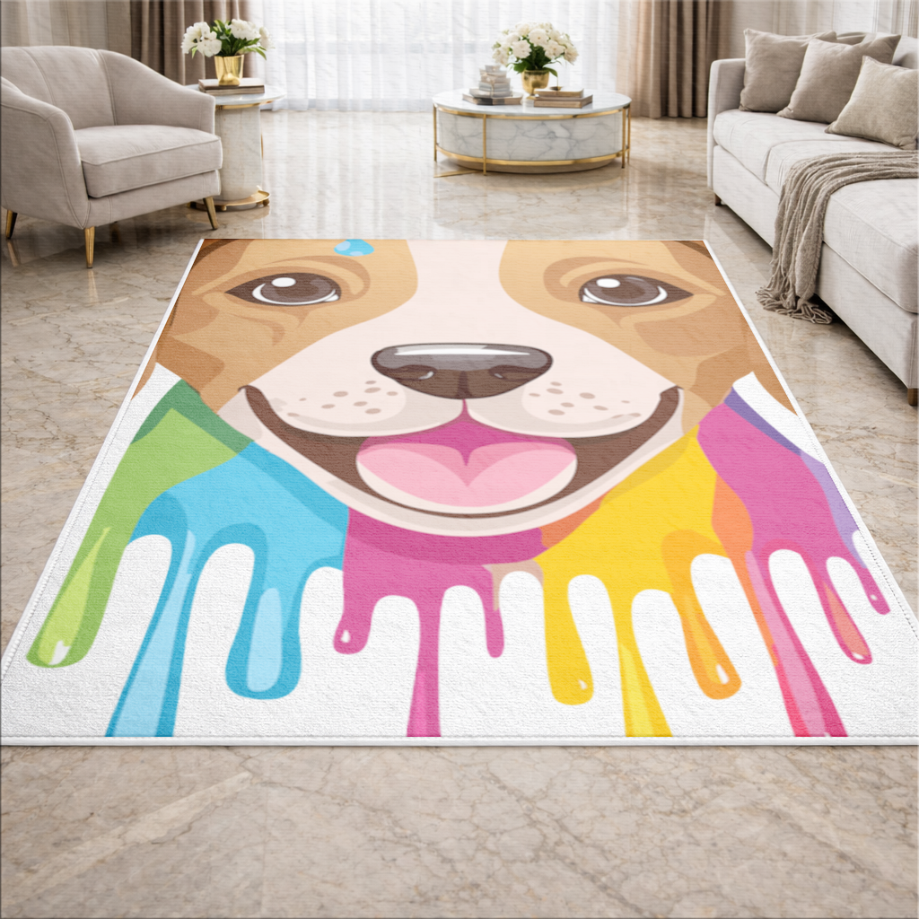 Renkli Boya Damlalı Mutlu Köpek Tasarımı Salon Halısı