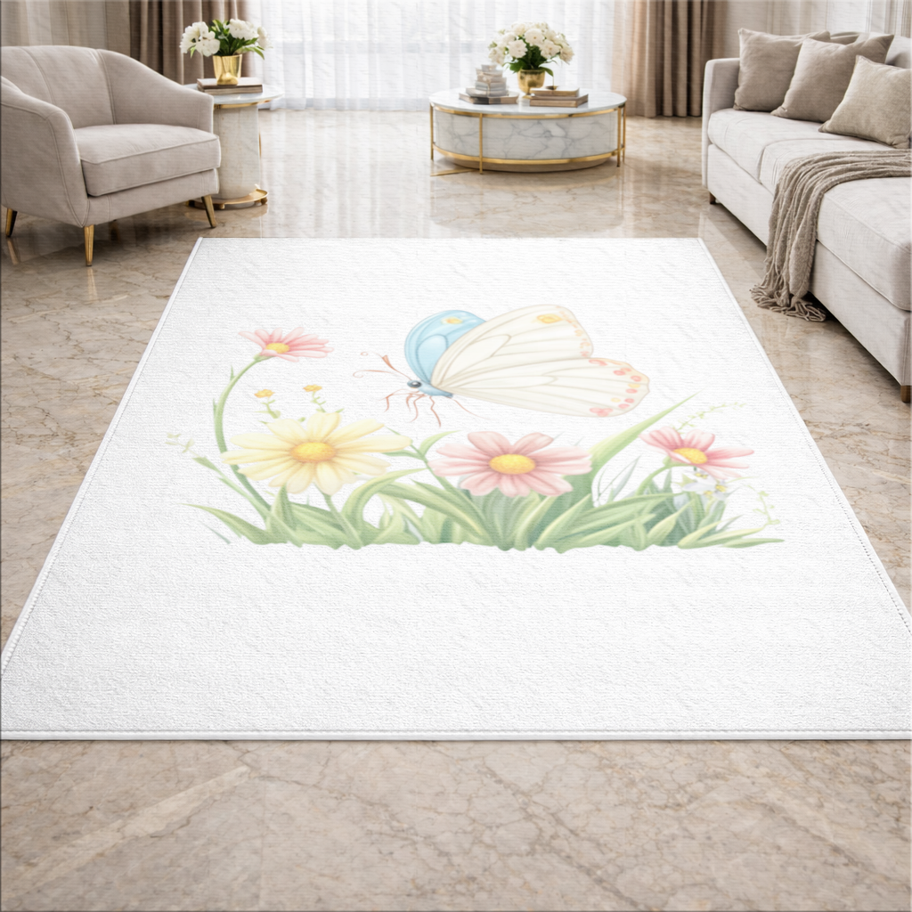 Whimsical Pastel Butterfly and Wildflowers Living room carpet
