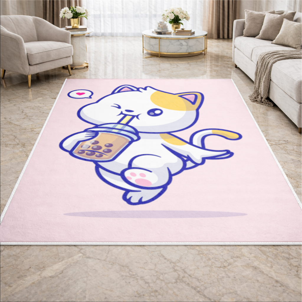 Boba Çayı İçen Kawaii Kedi Salon Halısı