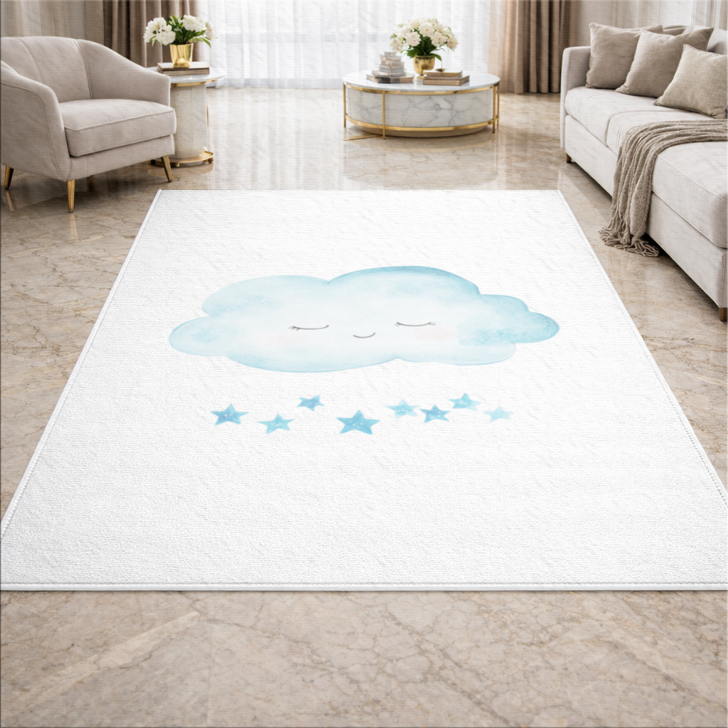 Watercolor Sleepy Cloud and Blue Stars Living room carpet