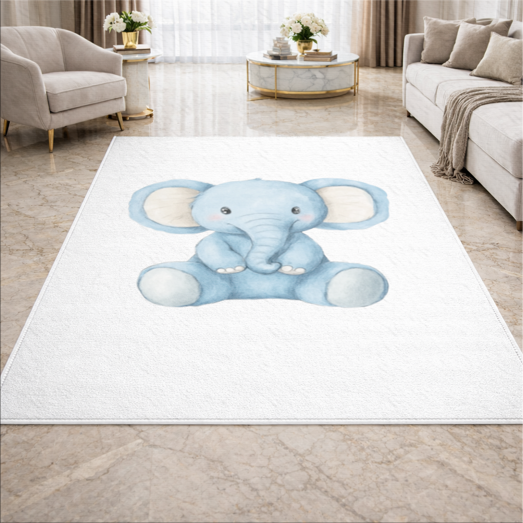 Cute Blue Watercolor Baby Elephant Living room carpet