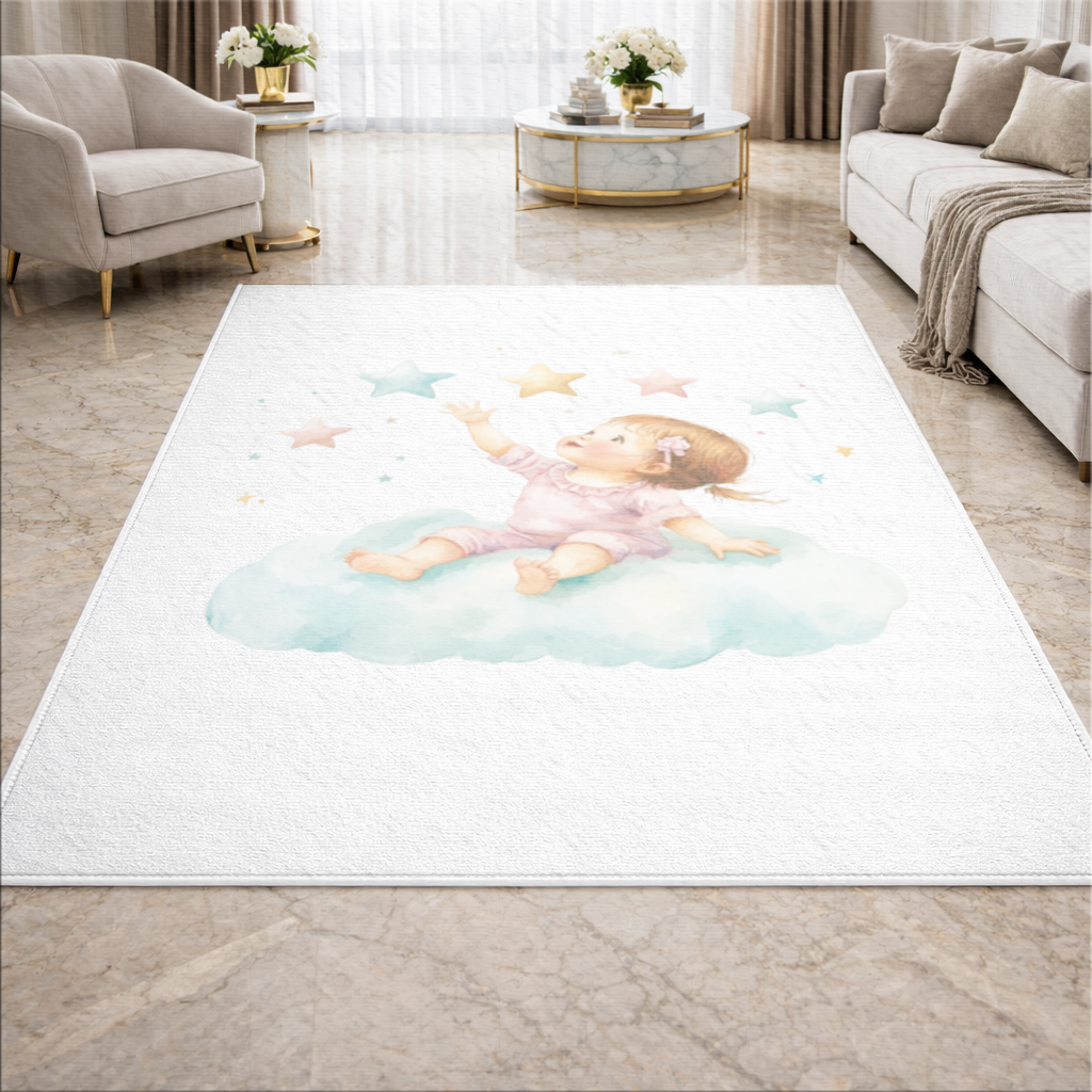 Baby Girl Reaching for Stars on a Cloud Living room carpet