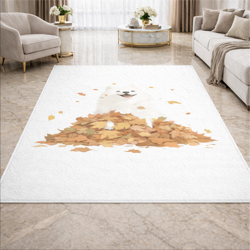 Happy White Dog in Autumn Leaves Living room carpet