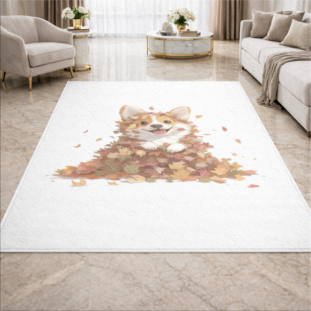 Sonbahar Yaprakları İçinde Mutlu Corgi Salon Halısı