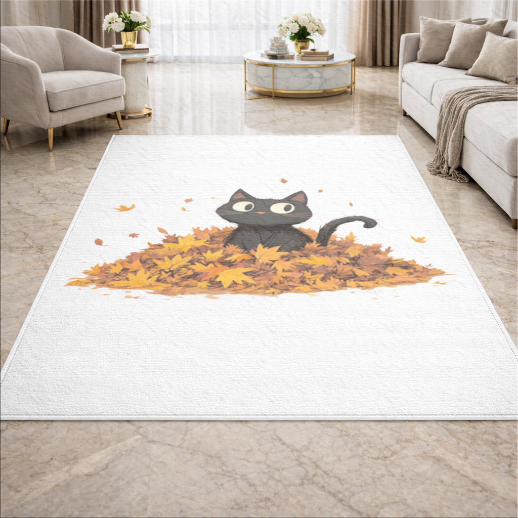 Cute Black Cat in Autumn Leaves Living room carpet
