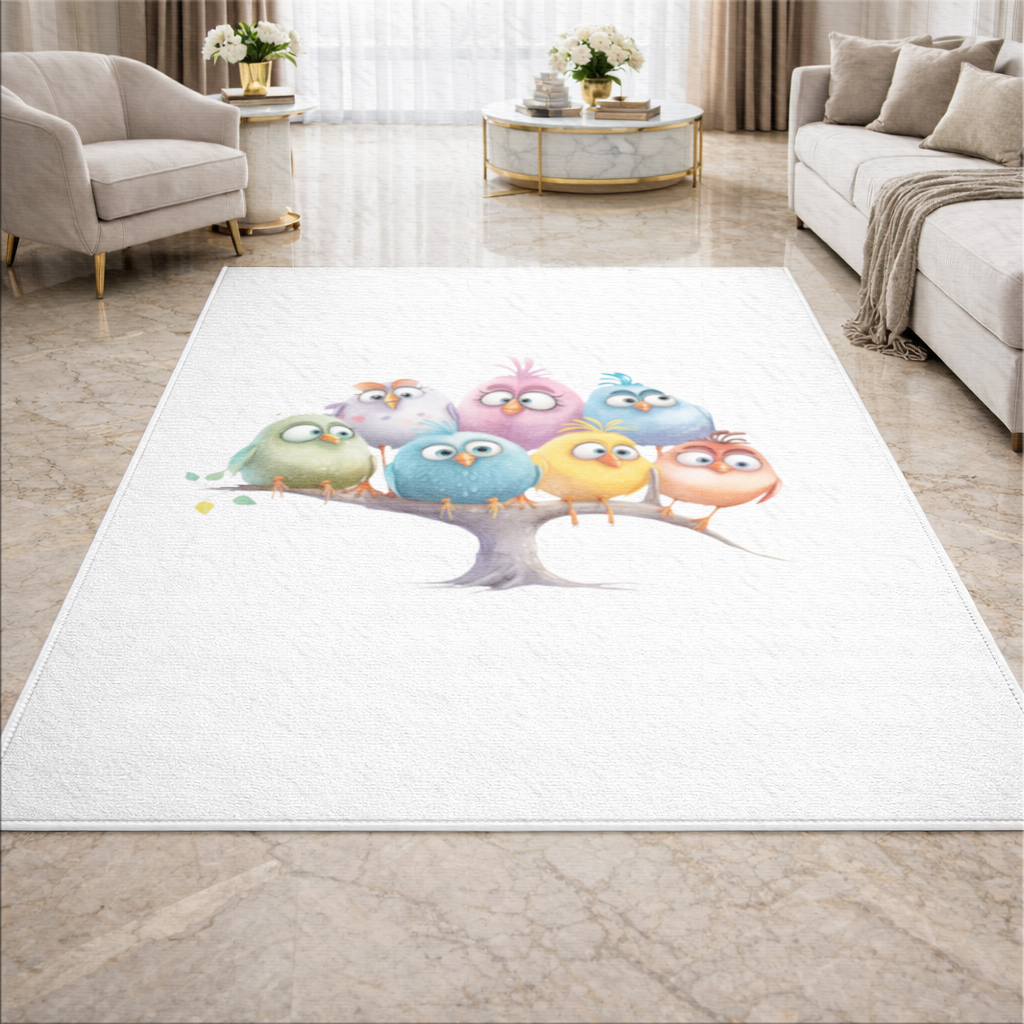 Whimsical Colorful Birds on Branch Living room carpet