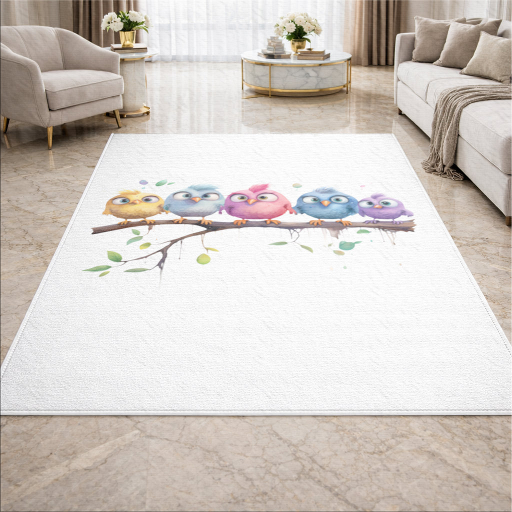 Five Colorful Kawaii Birds on Branch Living room carpet