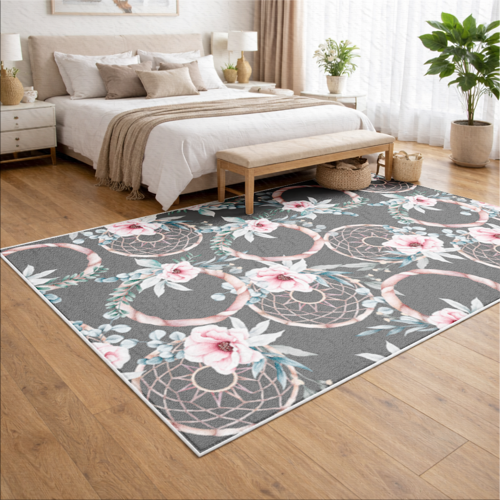Boho Çiçek ve Dreamcatcher Deseni Salon Halısı