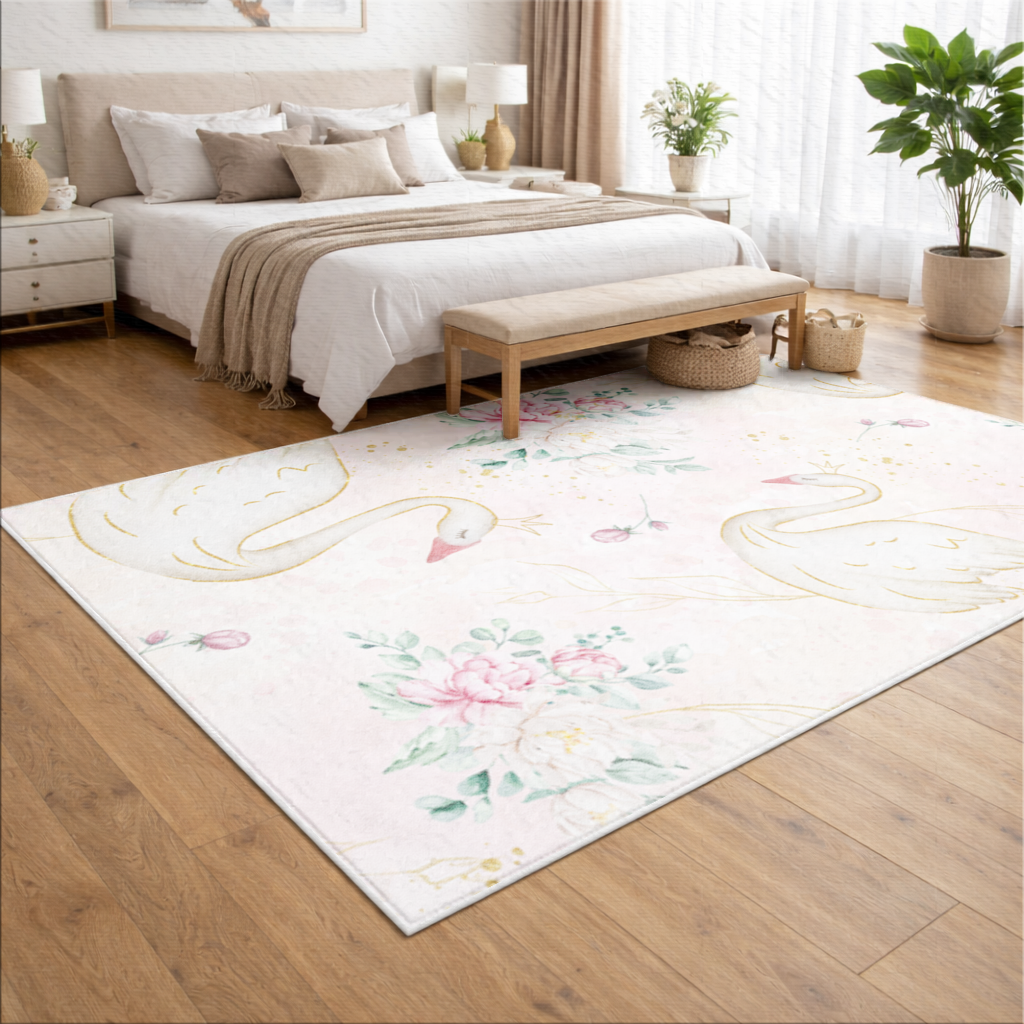 Pastel Kuğu ve Çiçekli Suluboya Desen Salon Halısı