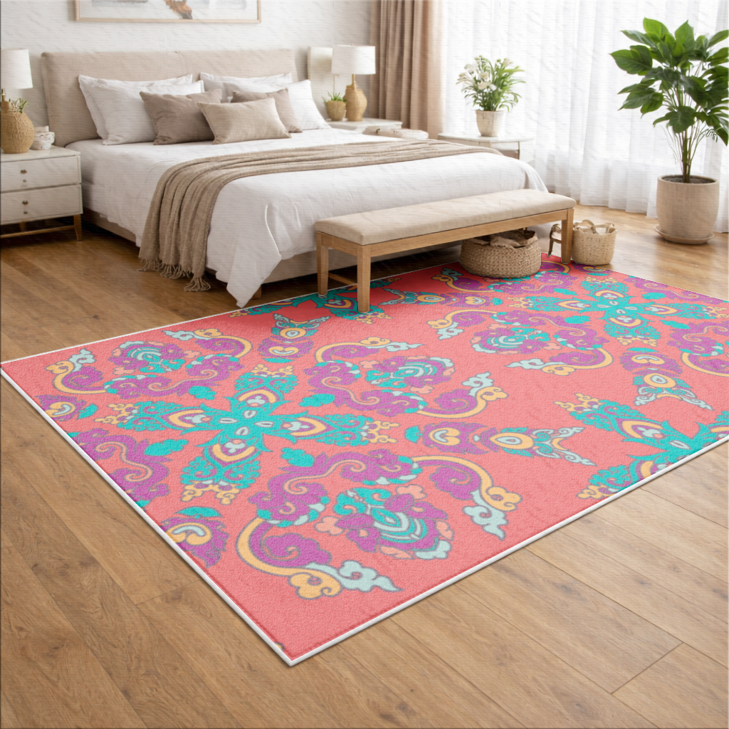 Canlı Kırmızı Zeminli Oryantal Mandala Deseni Salon Halısı