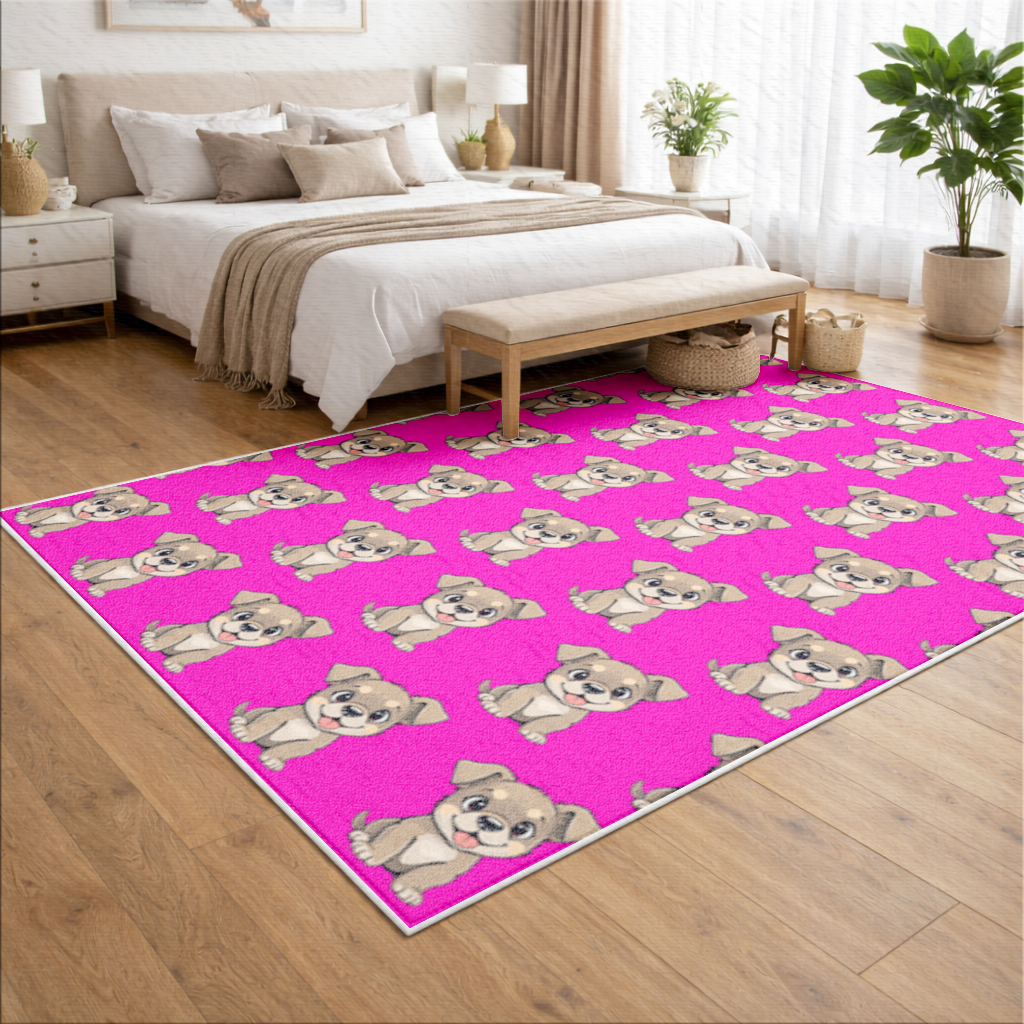 Pembe Arka Planlı Sevimli Köpek Çizimi Salon Halısı
