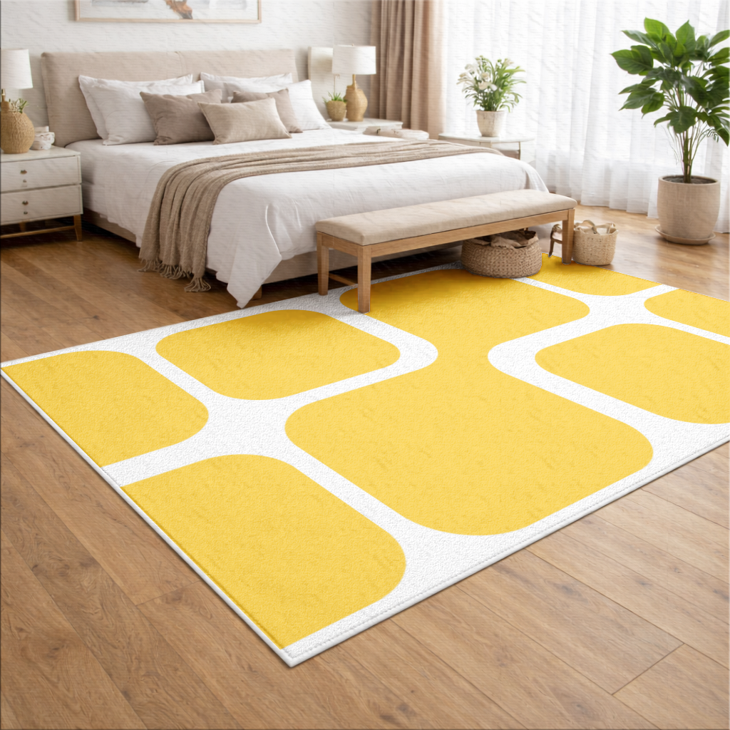 Sarı Geometrik Labirent ve Modern Soyut Desen Salon Halısı