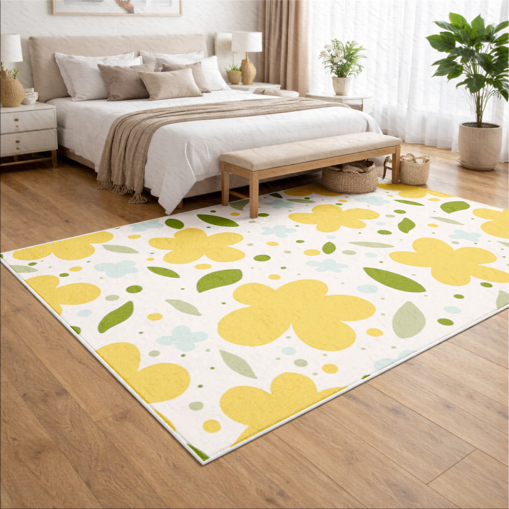 Sarı Çiçekli ve Yapraklı Boho Tarzı Dikişsiz Desen Salon Halısı