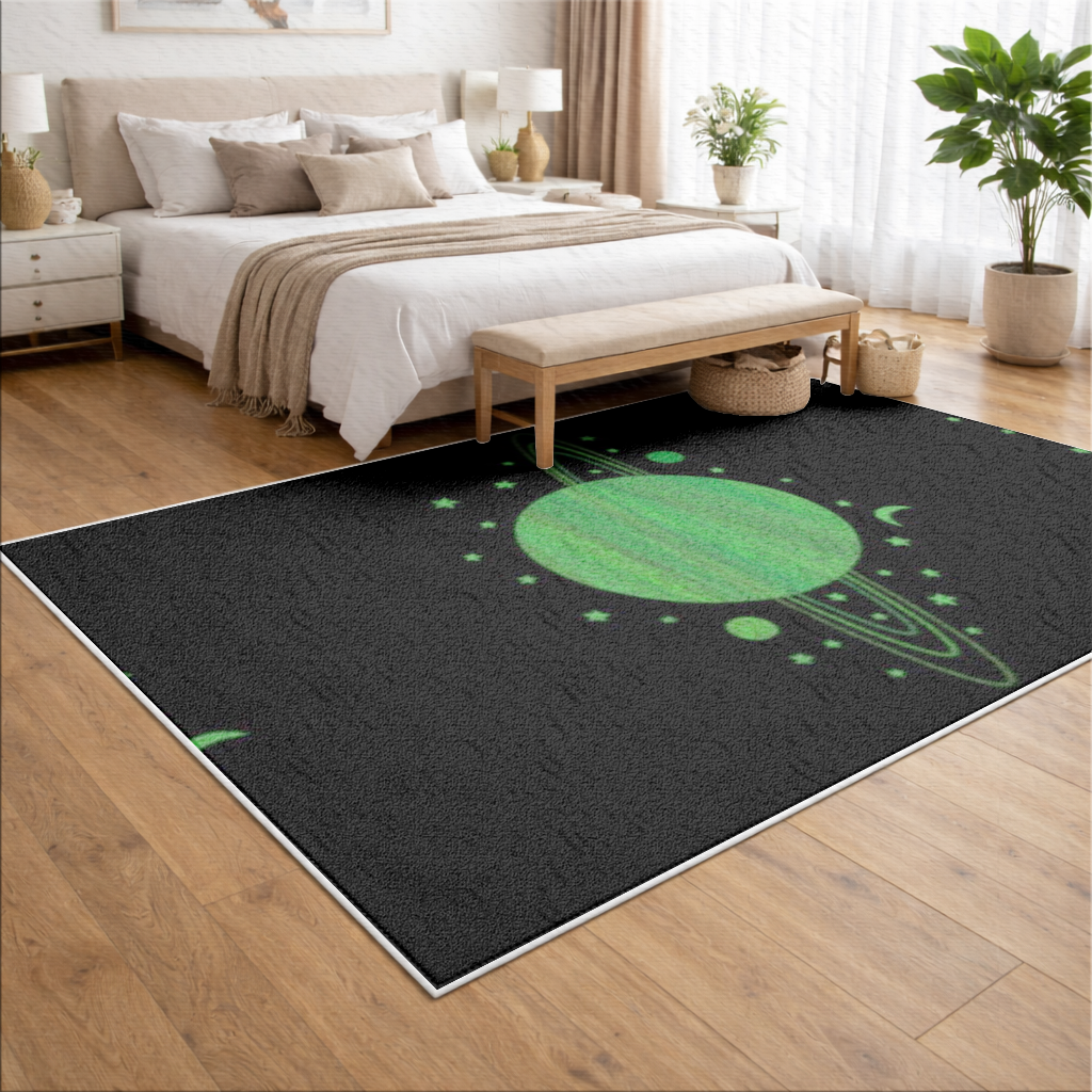 Green planets on a black background. Living room carpet
