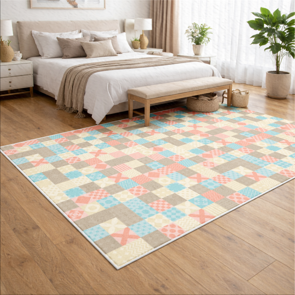 Renkli Modern Geometrik Kare Desen Salon Halısı