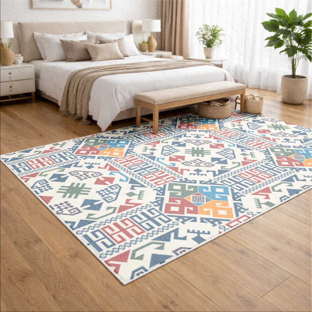 Çok Renkli Etnik Geometrik Motif Salon Halısı