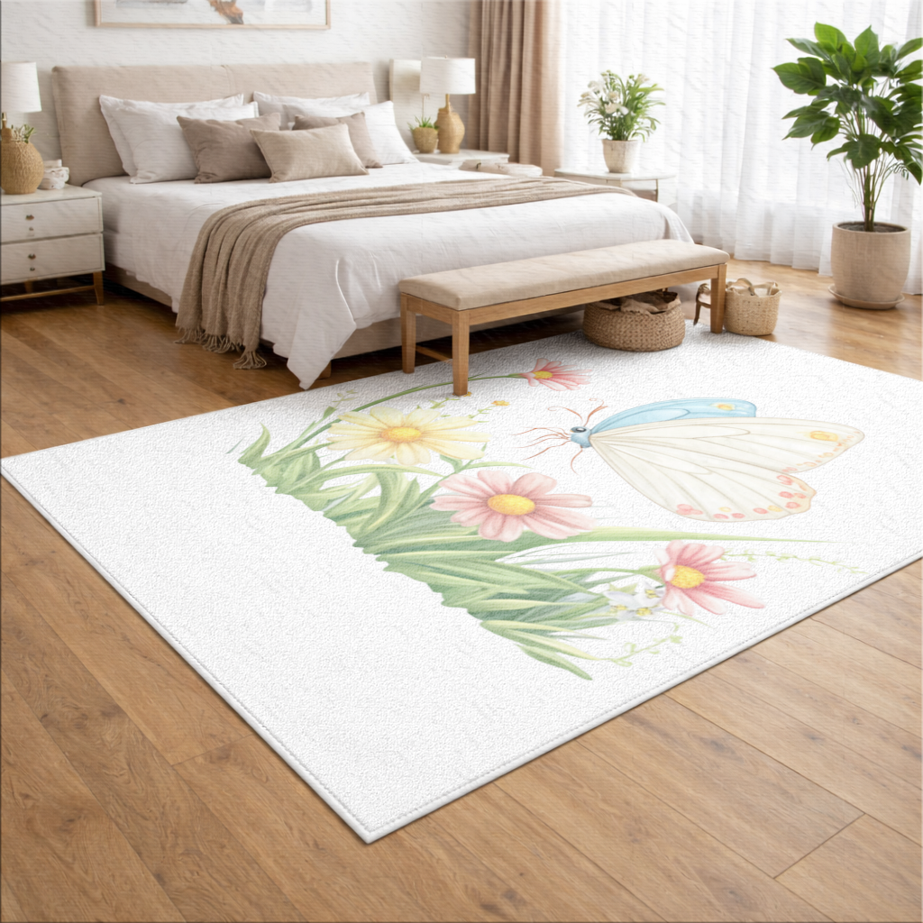 Whimsical Pastel Butterfly and Wildflowers Living room carpet