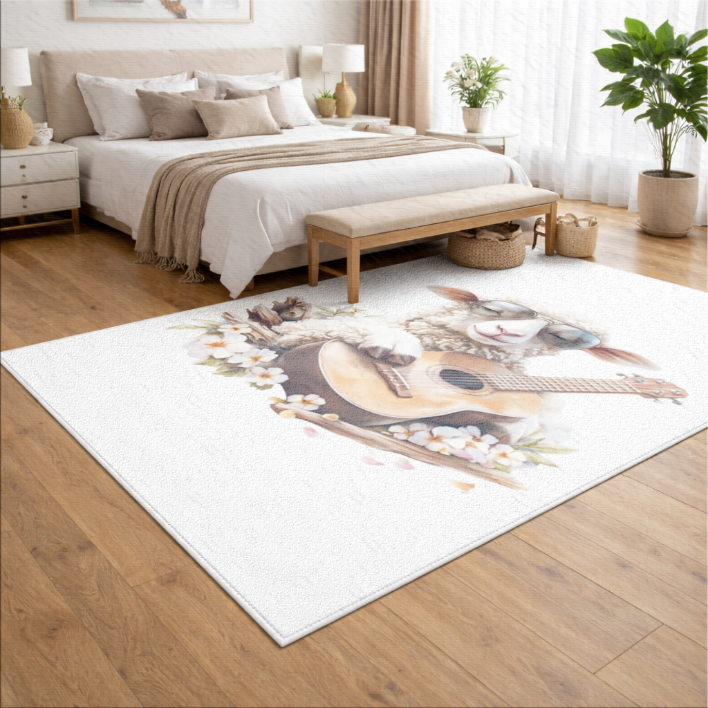 Cool Sheep Playing Ukulele with Flowers Living room carpet