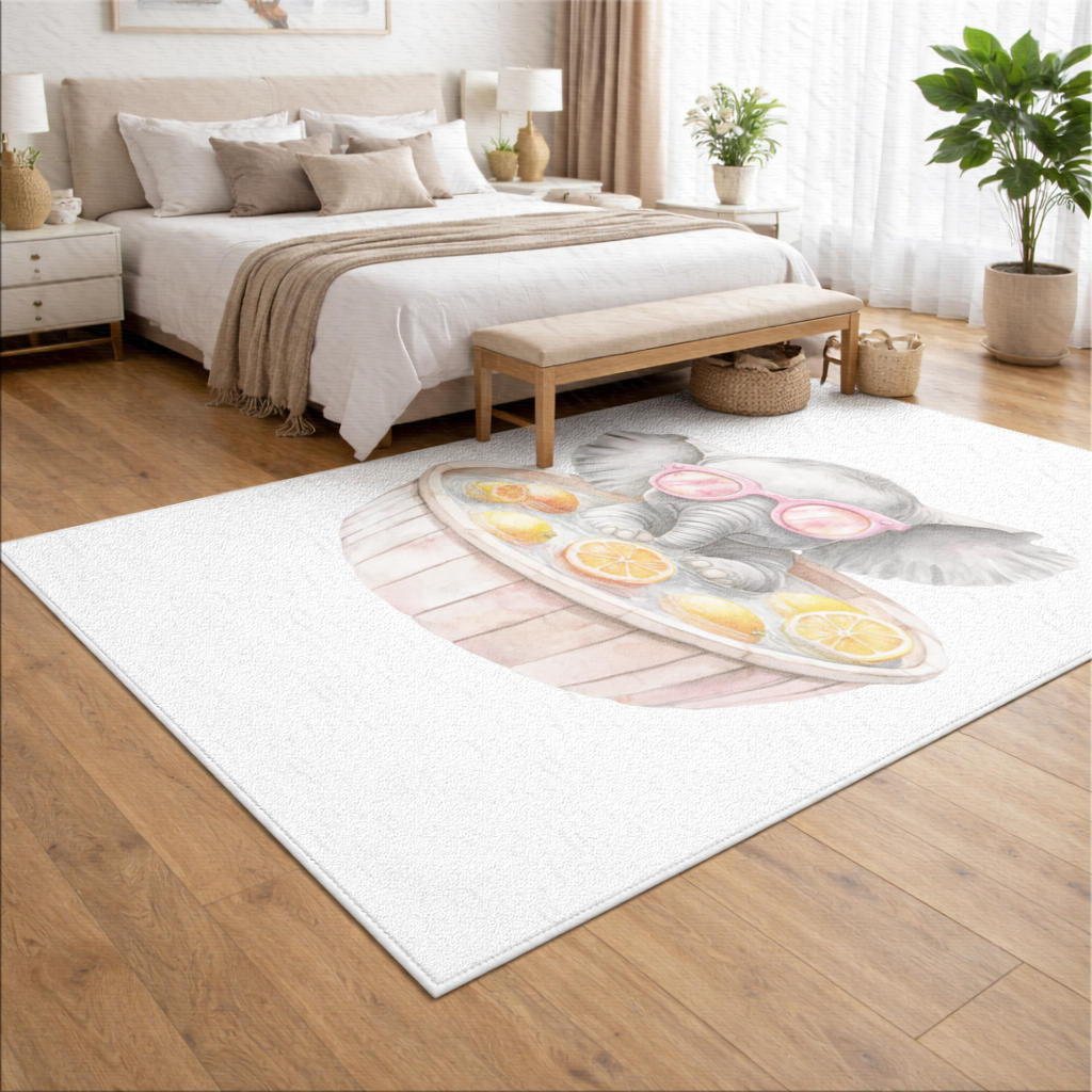 Pembe Gözlüklü Bebek Fil ve Narenciye Banyosu Salon Halısı