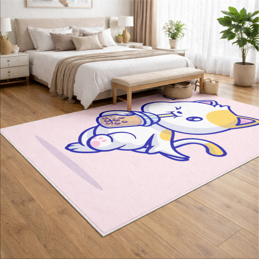 Kawaii Cat Drinking Boba Tea Living room carpet