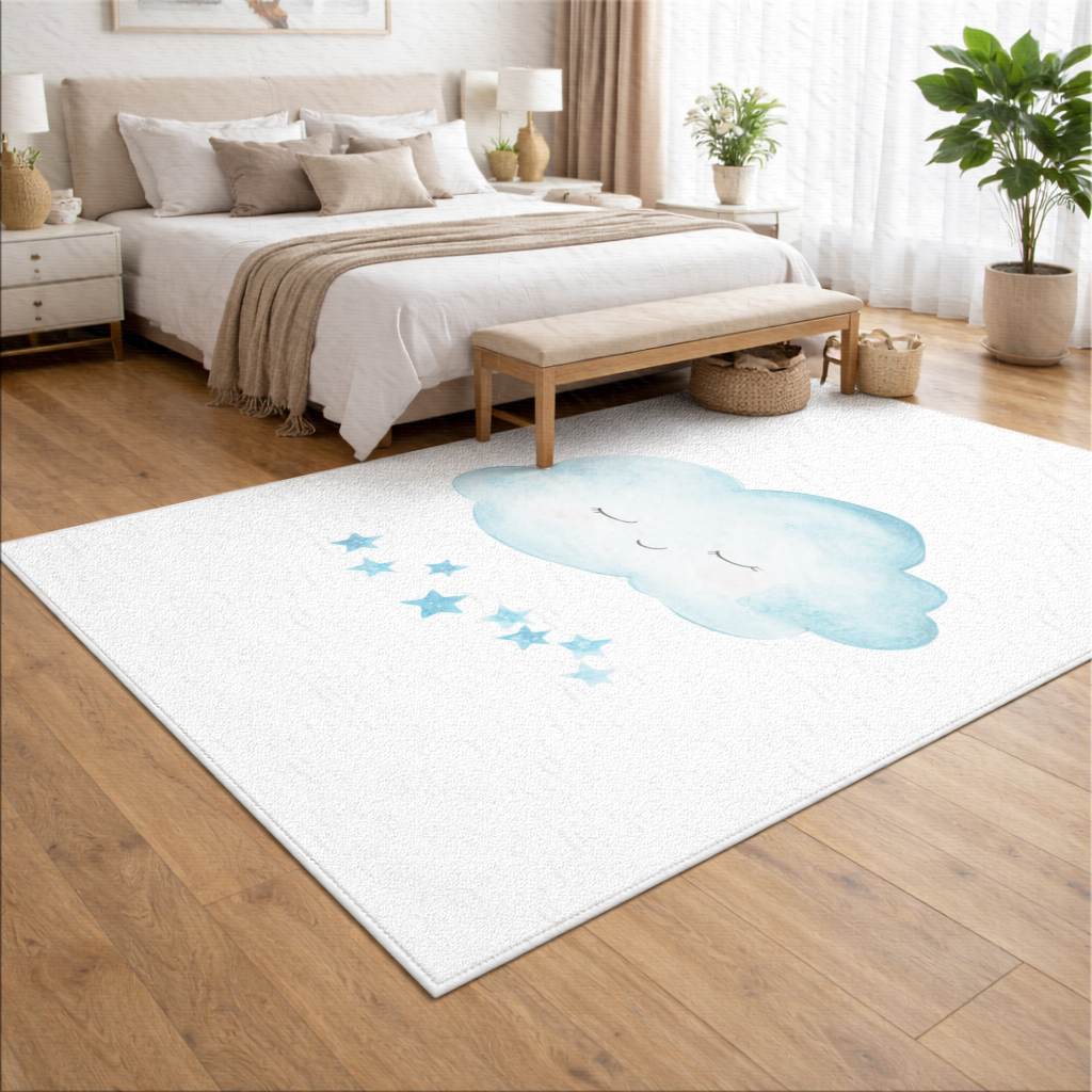 Watercolor Sleepy Cloud and Blue Stars Living room carpet