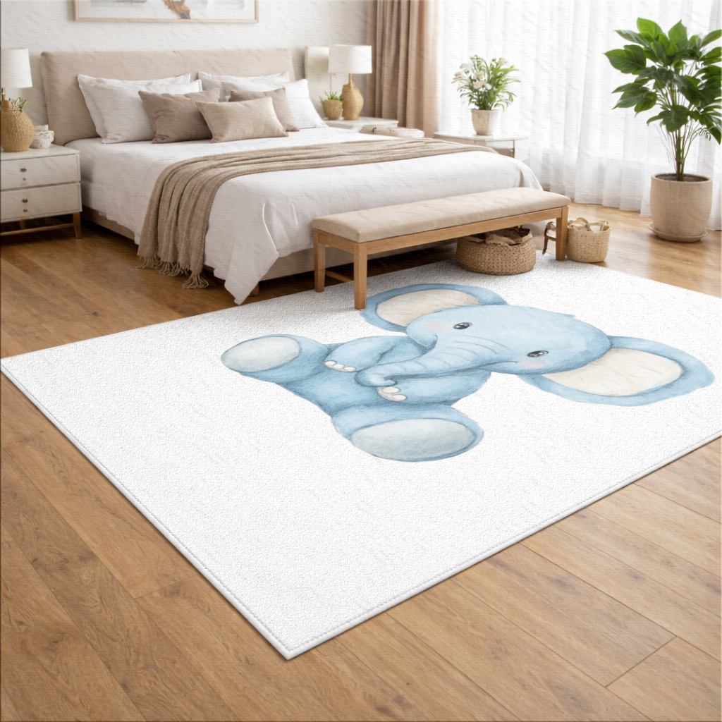Cute Blue Watercolor Baby Elephant Living room carpet