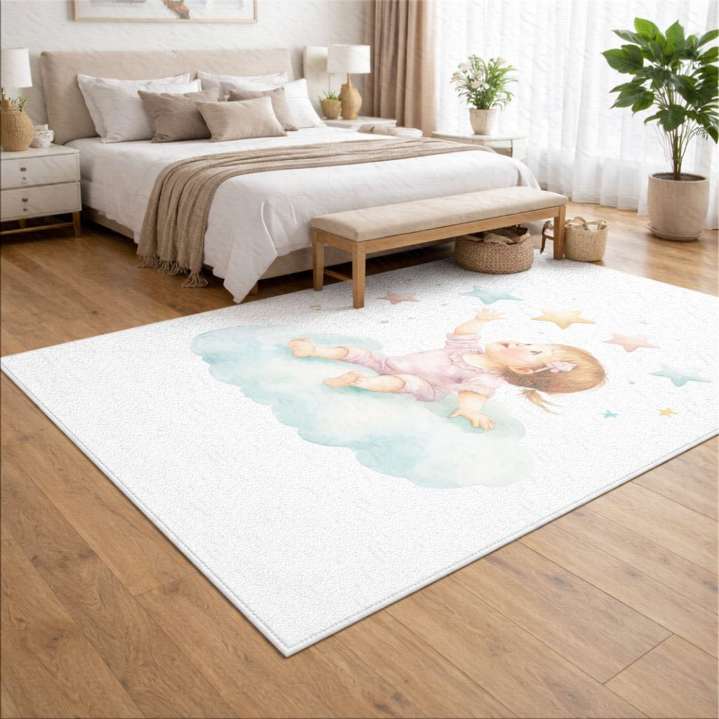 Baby Girl Reaching for Stars on a Cloud Living room carpet