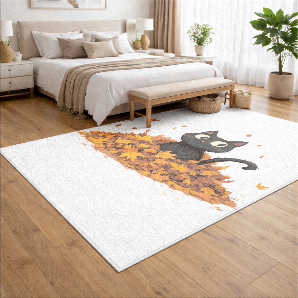 Cute Black Cat in Autumn Leaves Living room carpet