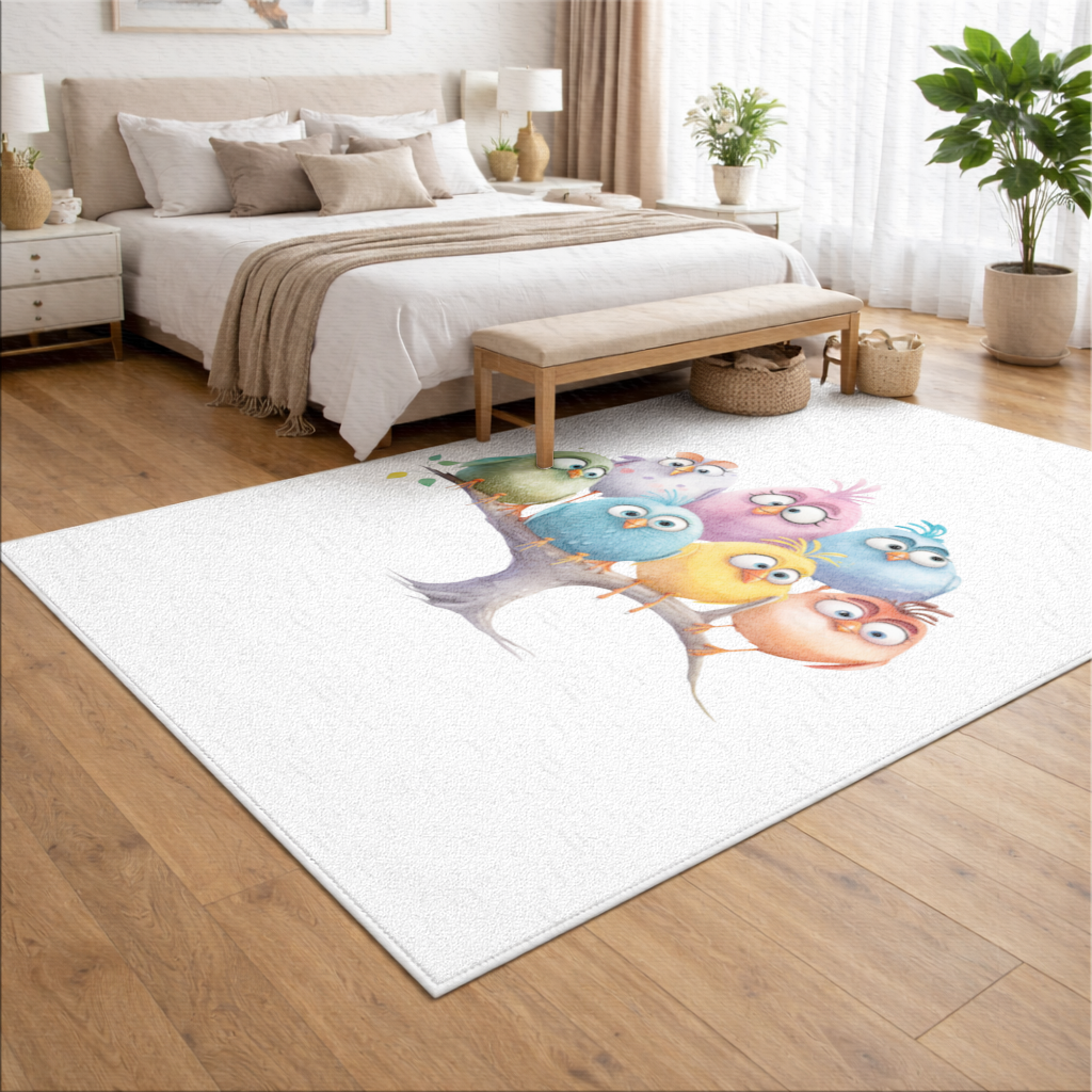 Whimsical Colorful Birds on Branch Living room carpet
