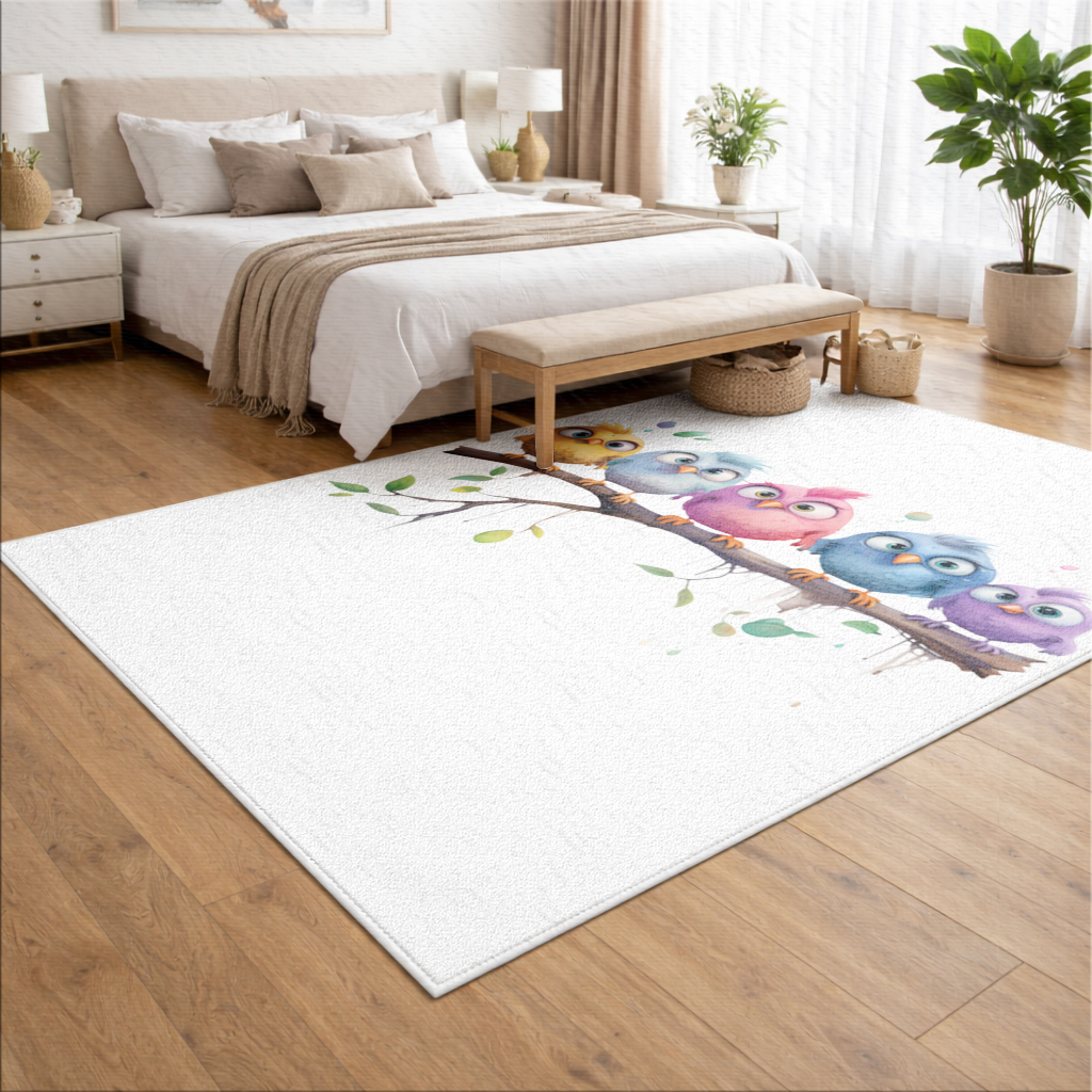 Five Colorful Kawaii Birds on Branch Living room carpet