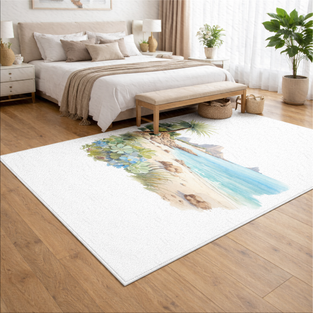 Tropical Palm Tree and Turquoise Sea Living room carpet