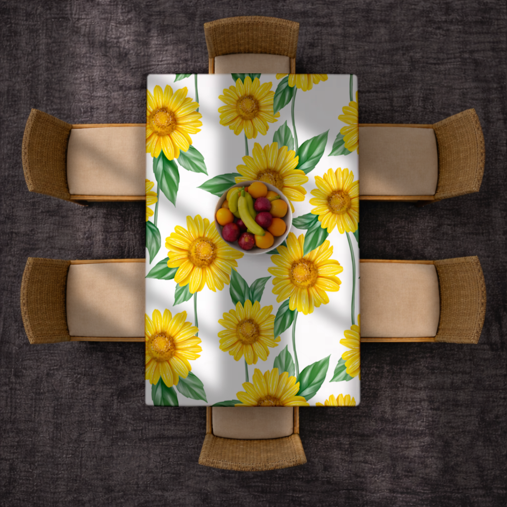 Vibrant Yellow Sunflower and Green Leaf Pattern Illustration Rectangular Tablecloth