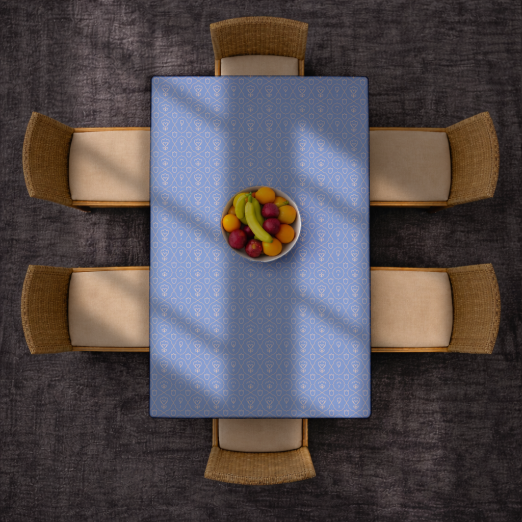 Orange Linear Floral Pattern on Blue Rectangular Tablecloth