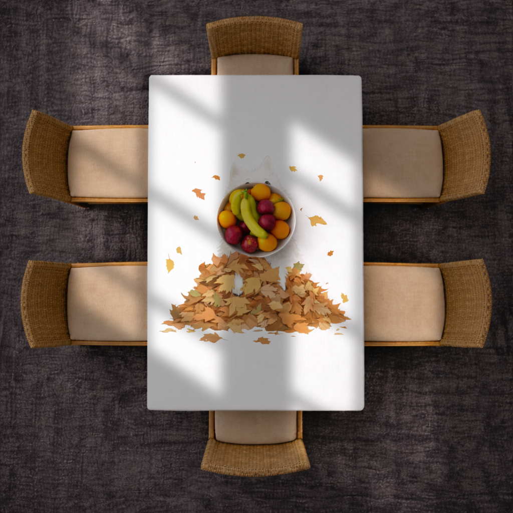 Happy White Dog in Autumn Leaves Rectangular Tablecloth