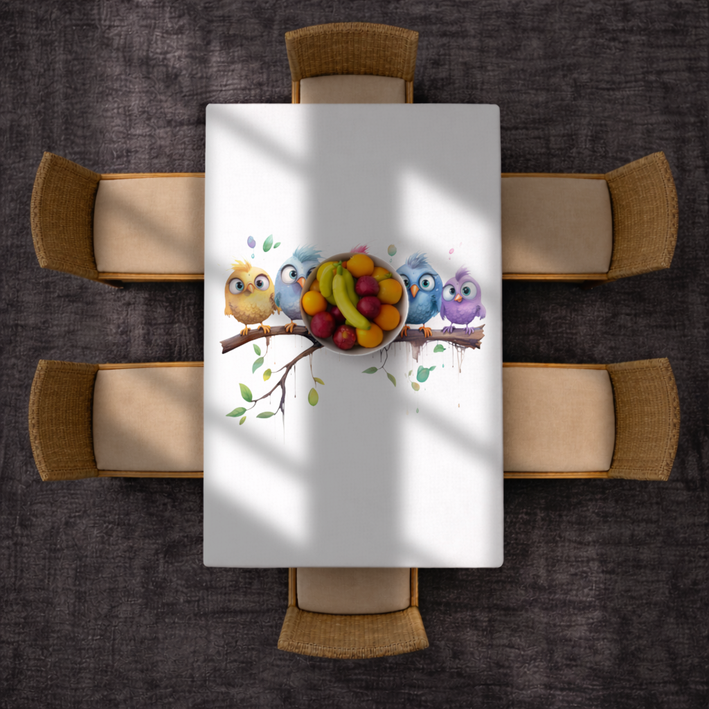Five Colorful Kawaii Birds on Branch Rectangular Tablecloth