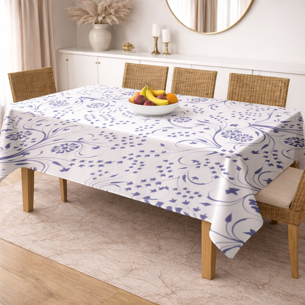 Blue White Vintage Floral Pattern Rectangular Tablecloth