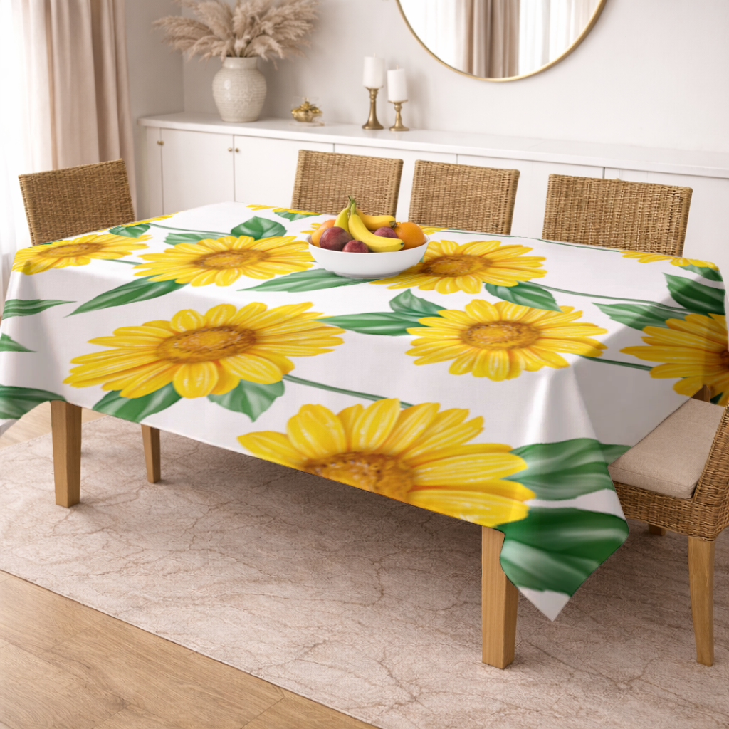 Vibrant Yellow Sunflower and Green Leaf Pattern Illustration Rectangular Tablecloth