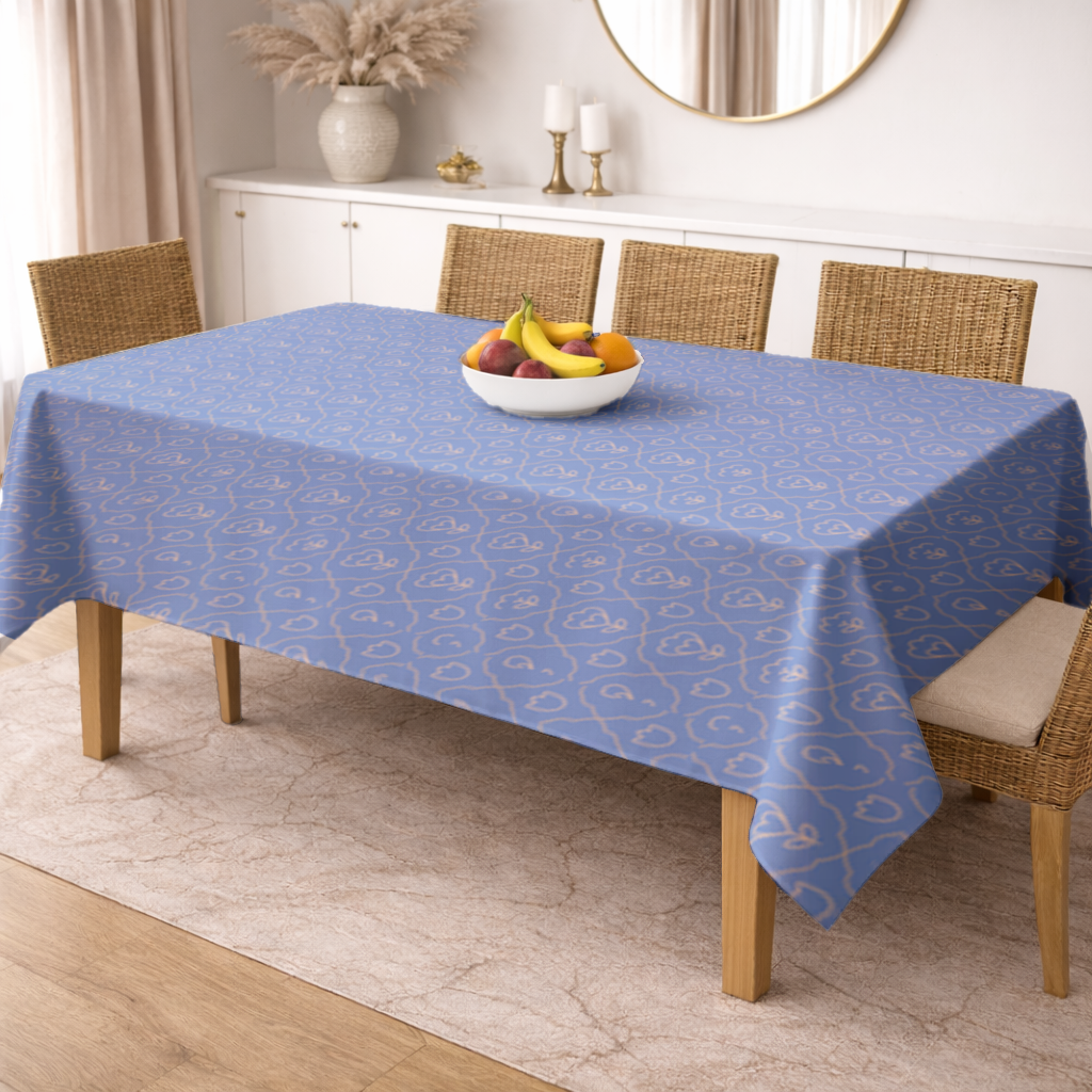 Orange Linear Floral Pattern on Blue Rectangular Tablecloth