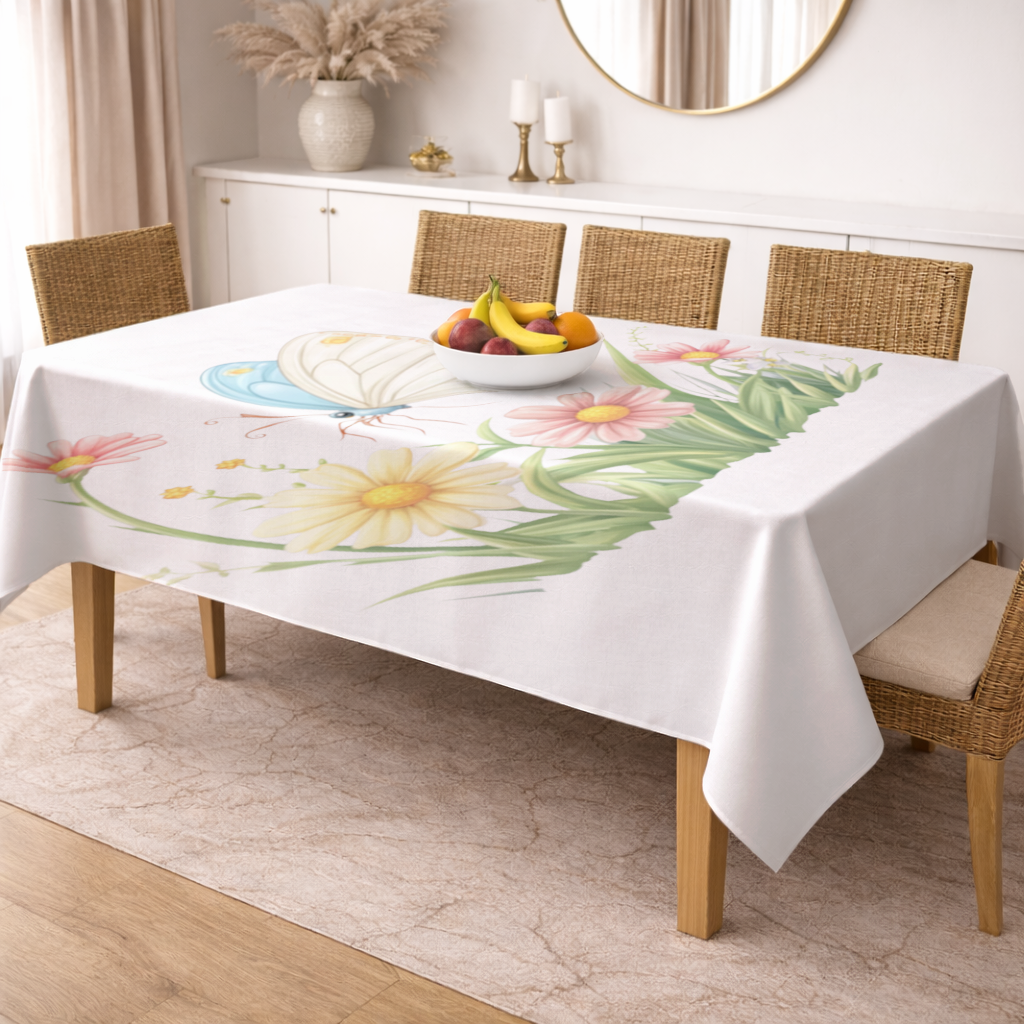 Whimsical Pastel Butterfly and Wildflowers Rectangular Tablecloth