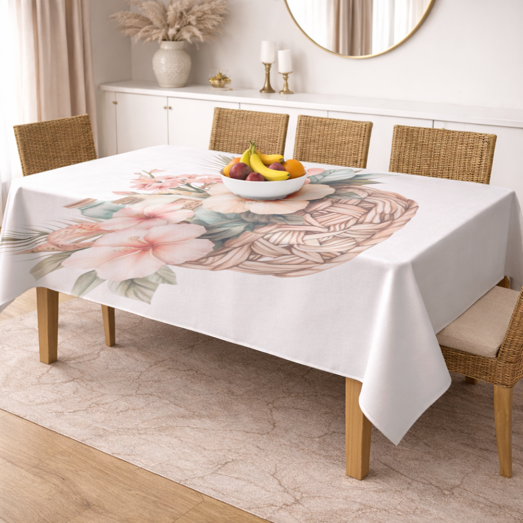 Tropical Hibiscus Flower Woven Basket Rectangular Tablecloth