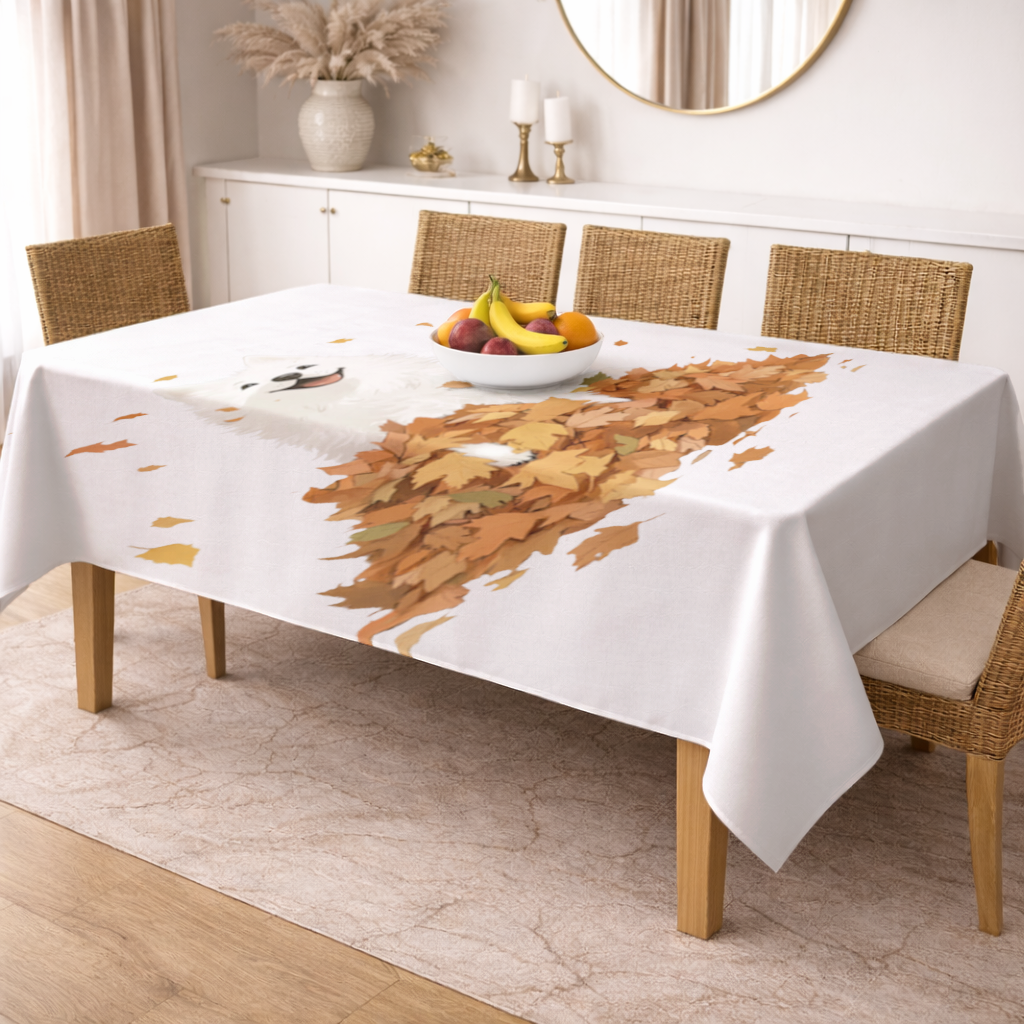 Happy White Dog in Autumn Leaves Rectangular Tablecloth