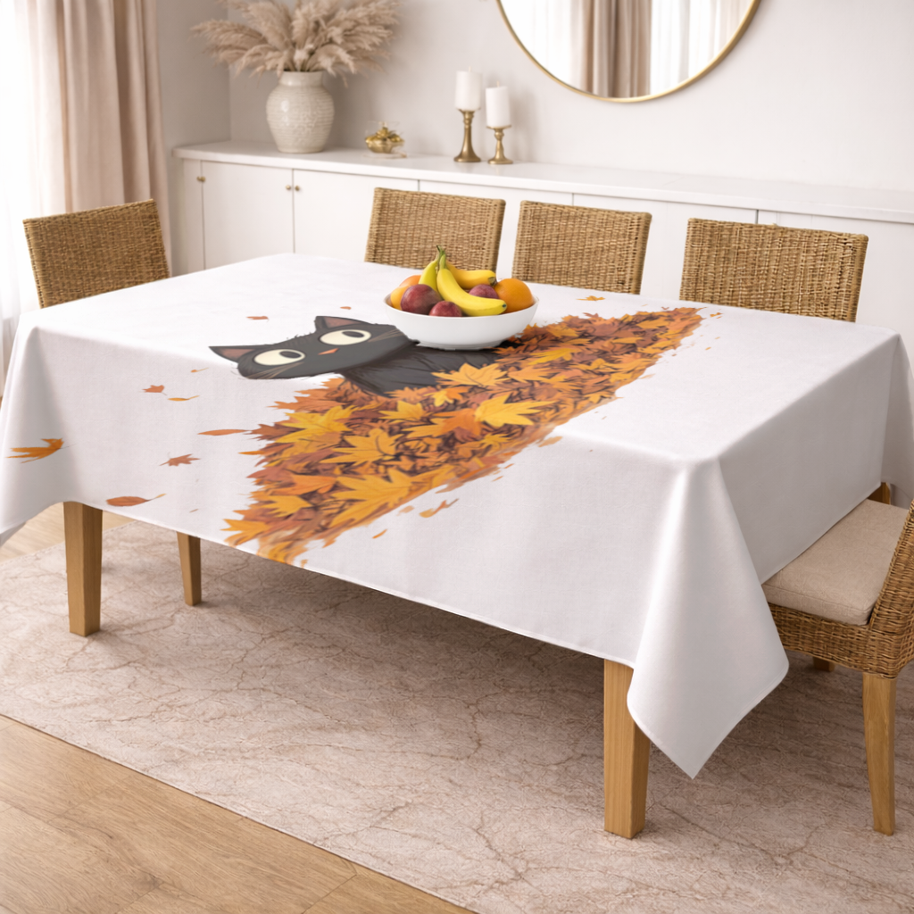 Cute Black Cat in Autumn Leaves Rectangular Tablecloth