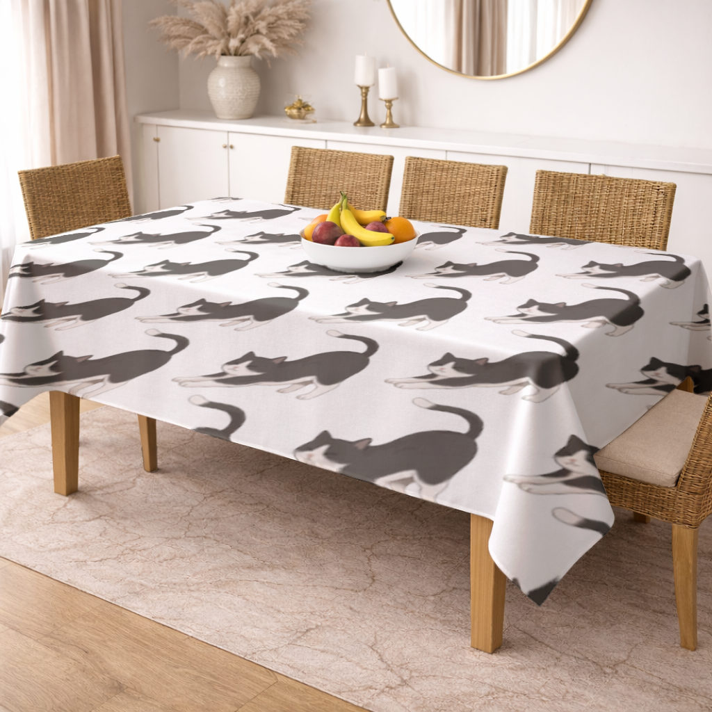 Stretching Tuxedo Cat Rectangular Tablecloth
