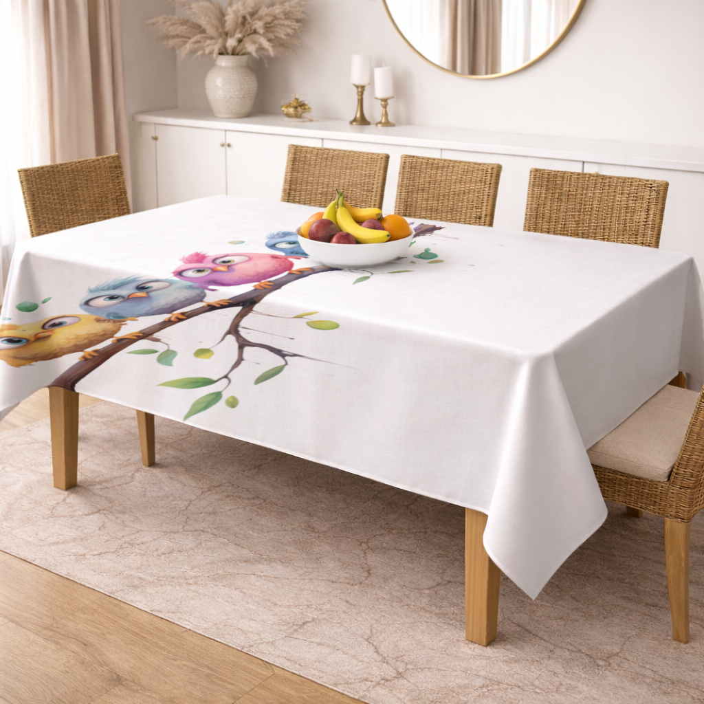 Five Colorful Kawaii Birds on Branch Rectangular Tablecloth
