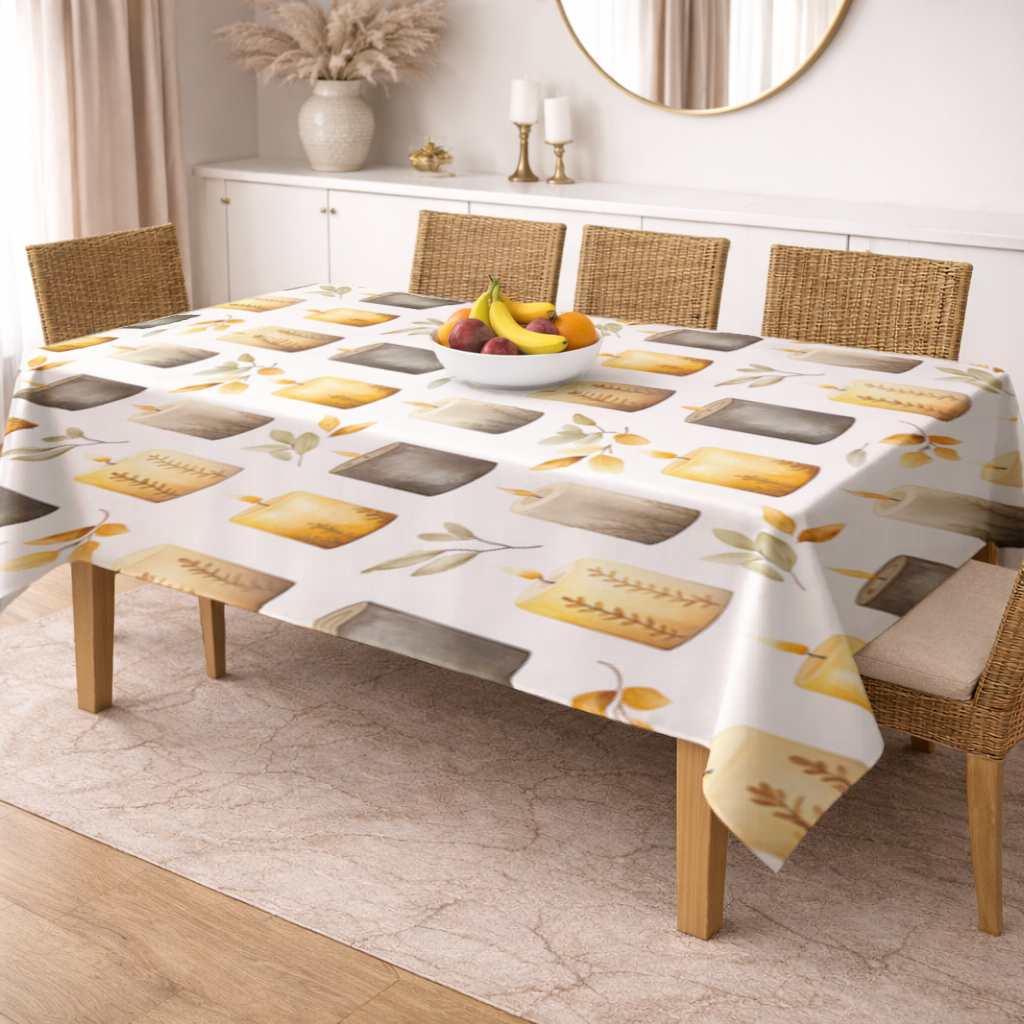 Warm Neutral Autumn Candles and Leaves Rectangular Tablecloth