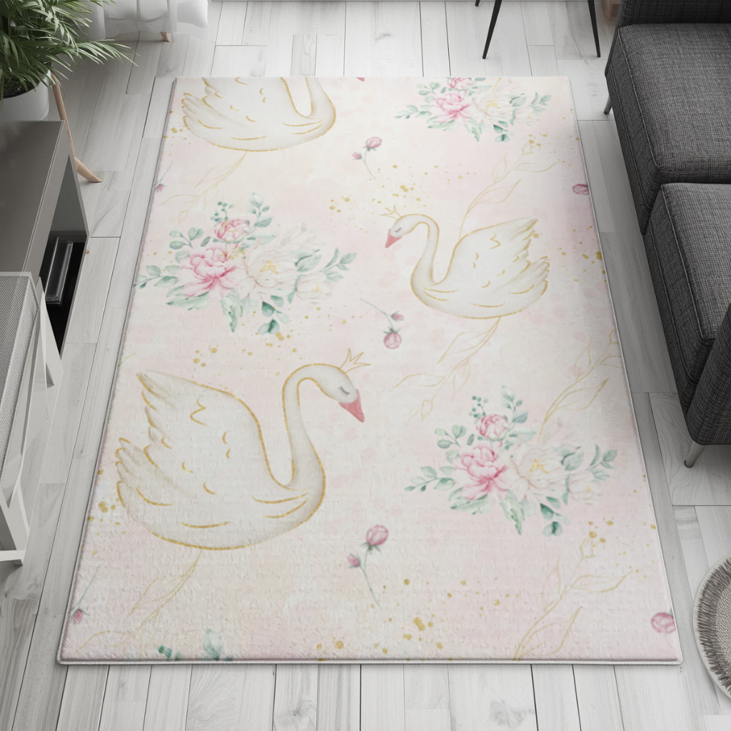 Pastel Kuğu ve Çiçekli Suluboya Desen Salon Halısı