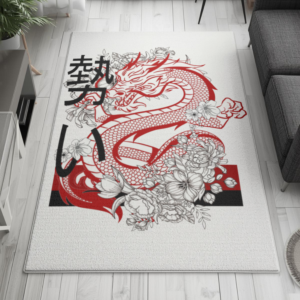Japon Ejderhası ve Çiçek Deseni Salon Halısı