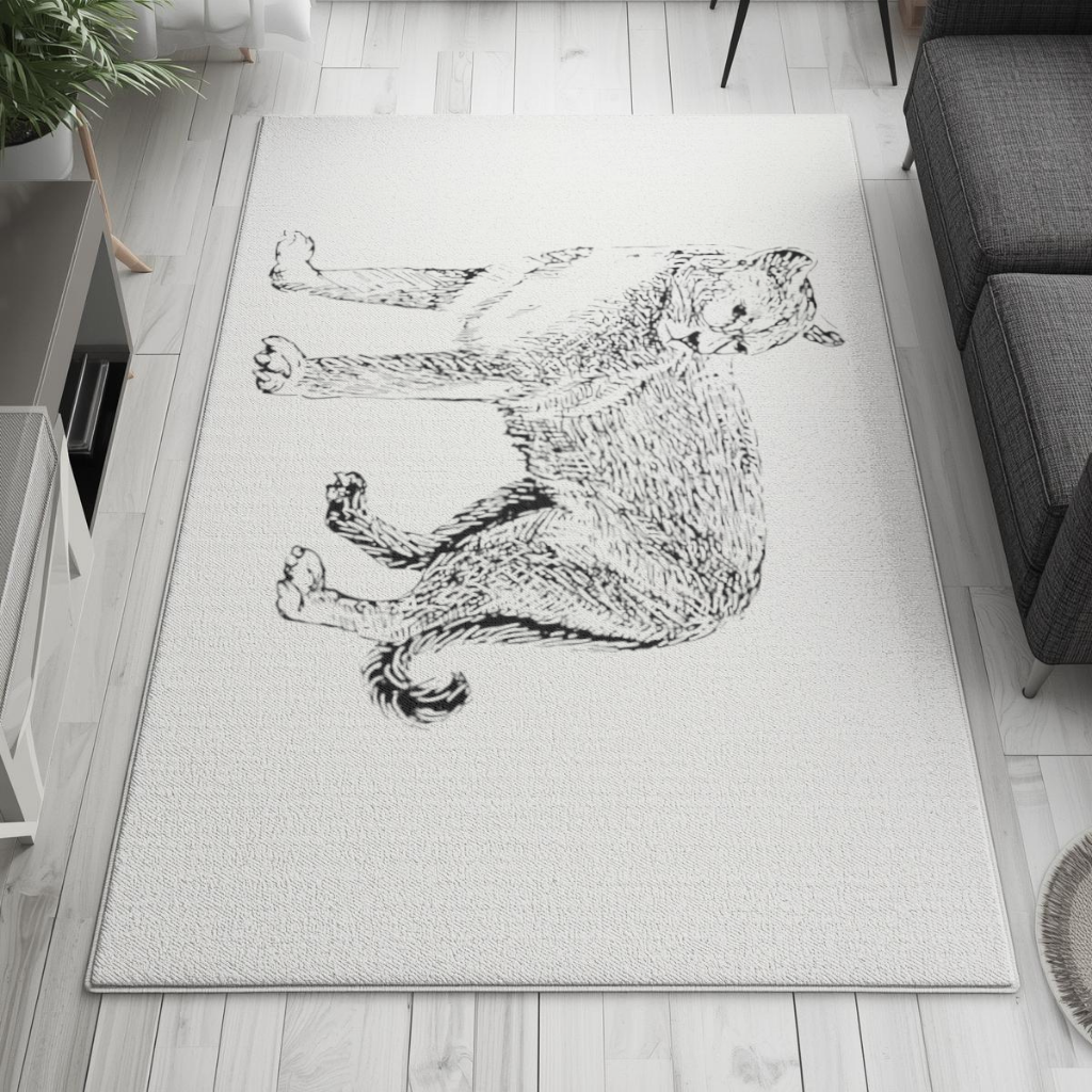 Siyah Beyaz Vahşi Kedi Eskiz Çizimi Salon Halısı
